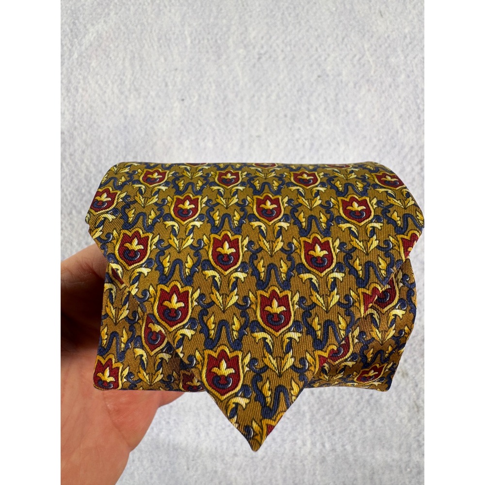 Jacques Esterel Paris Mens Silk Tie Gold Burgundy Floral Crest Pattern Hand Made